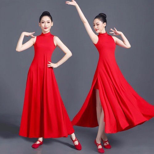 Women Wine red color Modern ballet dance dress girls Sleeveless dress classical ballet practice suit Choir dress long skirt woman